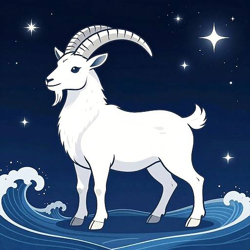 Digital illustration of a white, horned goat standing on blue ocean waves under a starry night sky. Bold, clean lines and vibrant colors.