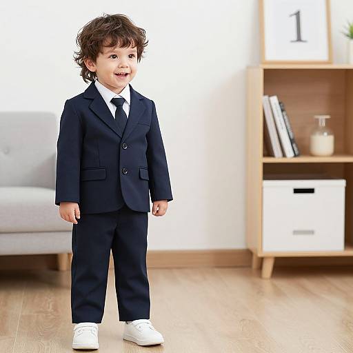 Photograph of a smiling young boy in a navy suit, white shirt, and tie, standing on wooden floor in a bright, modern living room with