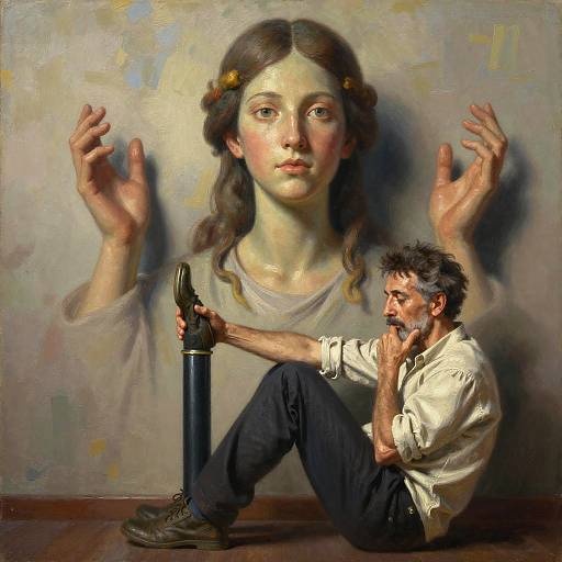 Contemplative Man with Mural of Woman