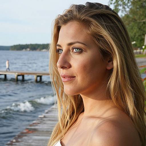 Photograph of a blonde woman with blue eyes, smiling, standing by a lakeside wooden dock on a sunny day.
