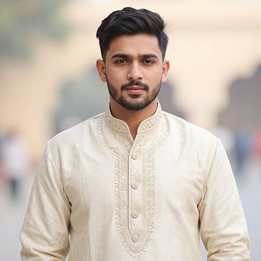 Photograph of a handsome South Asian man with dark hair and beard, wearing an elegant white embroidered traditional kurta, standing outdoors with a blurred background.