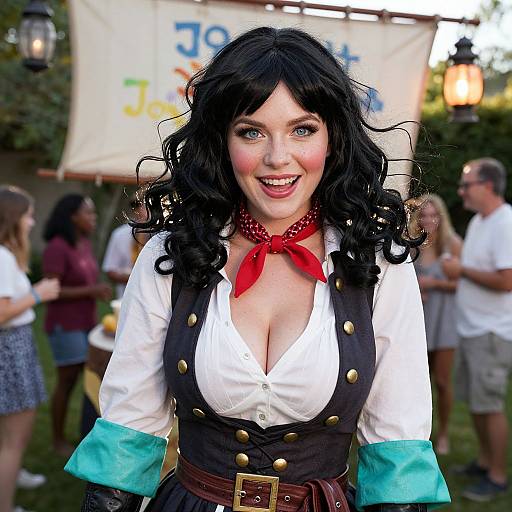 Photograph of a smiling woman with black curly hair, fair skin, and blue eyes, dressed as a fantasy character with a low-cut white blouse,