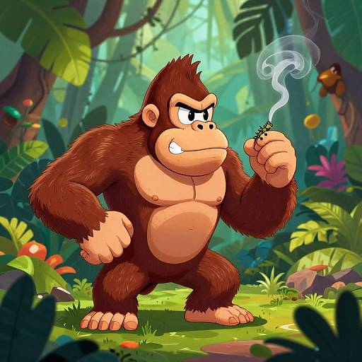 Cartoon-style digital illustration of a muscular, angry, brown-furred gorilla with a determined expression, holding a tiny ant with smoke rising from it