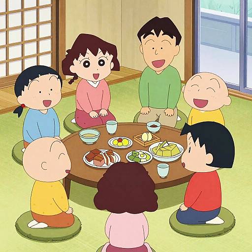 Cartoon image of six smiling anime-style children, diverse genders, sitting around a wooden table with a variety of food, in a traditional Japanese room.