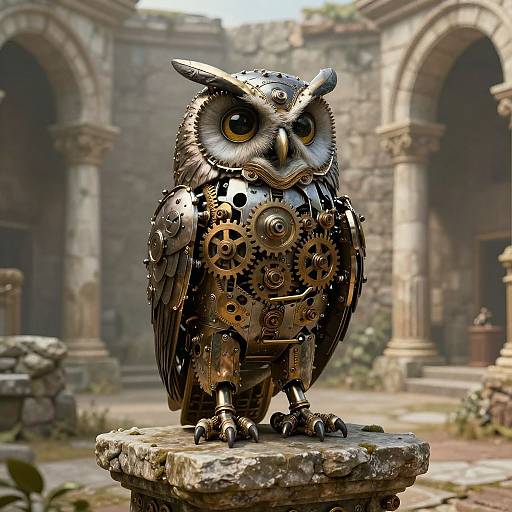 Steampunk owl statue with intricate gears and cogs, standing on a stone pedestal in a ruined, ancient stone archway courtyard. Photorealistic