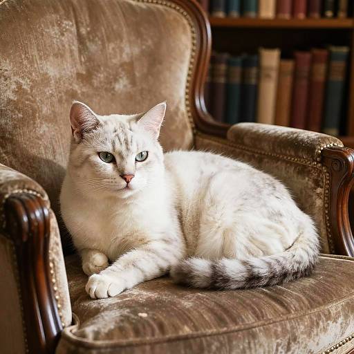 Spotted White Cat in Cozy Library
