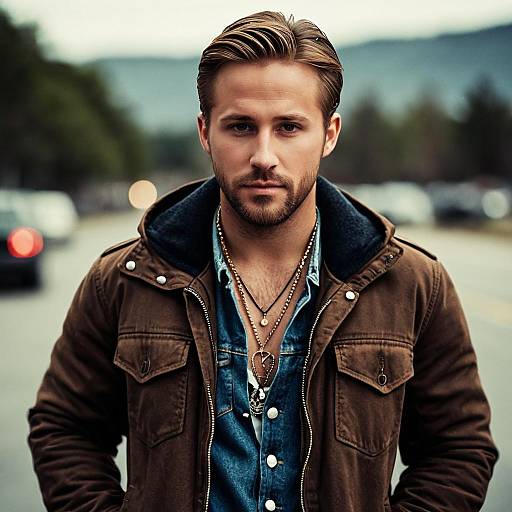 Confident Man Wearing Brown Jacket and Denim Shirt