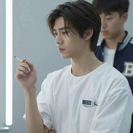 Young Man in Hospital Gown with Cigarette