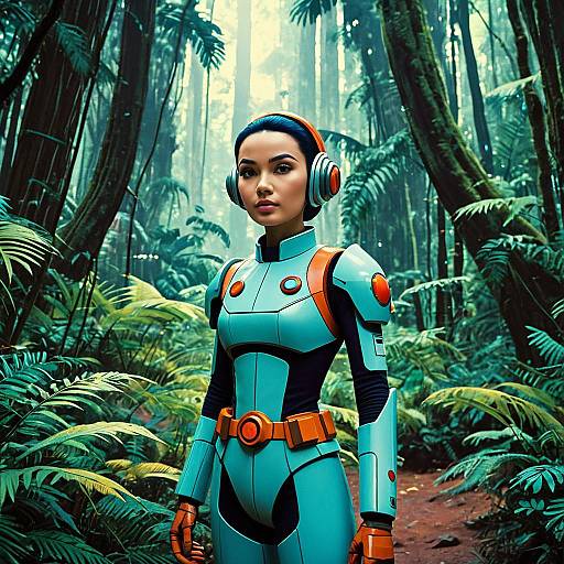 Futuristic Space Explorer in Rainforest