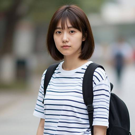 Photograph of an Asian teenage girl with straight black hair, wearing a white and black striped shirt, and a black backpack, standing in a blurred urban