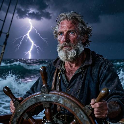 Photograph of a weathered, bearded older man with wild gray hair, gripping a ship's wheel under a stormy night sky with a bright