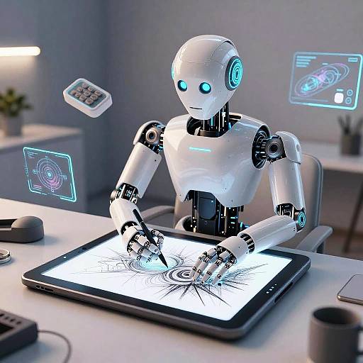 Digital CGI image of a white, glowing humanoid robot drawing on a tablet, surrounded by holographic screens and a modern office desk.