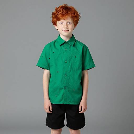 Photograph of a young boy with curly red hair, wearing a green short-sleeve button-up shirt and black shorts, standing against a plain gray