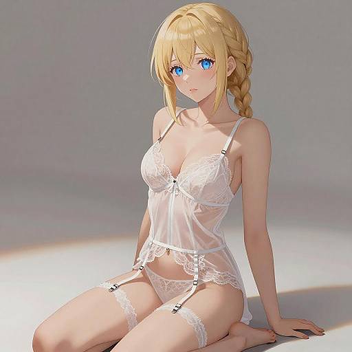 Anime Blonde Woman in White Lace Lingerie