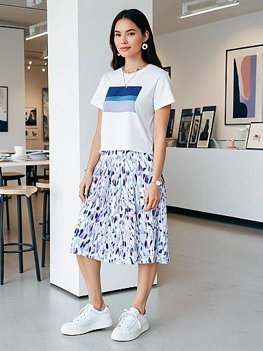Casual woman in abstract print skirt and white t-shirt