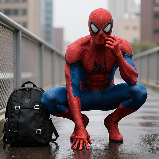 Crouching Bald Spider-Man in Urban Setting