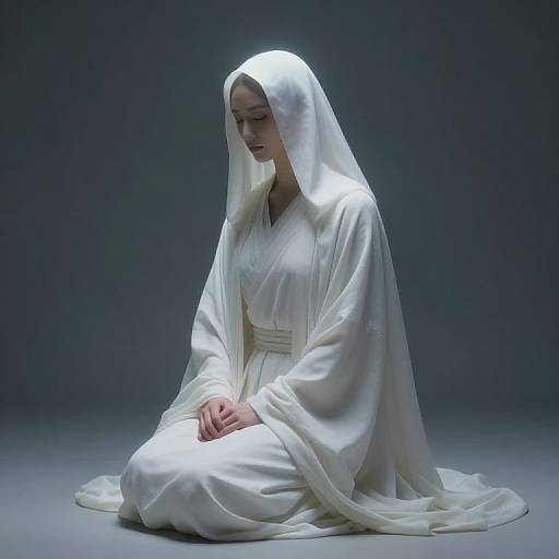 Photograph of a pale-skinned woman in a luminous, flowing white robe and veil, sitting meditatively on a dark, gradient background.