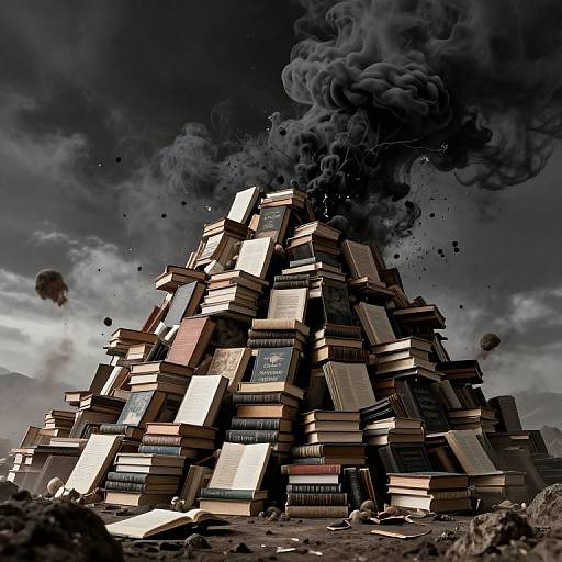Photograph of a towering, chaotic stack of books with dark smoke rising ominously from the top, set against a stormy sky.