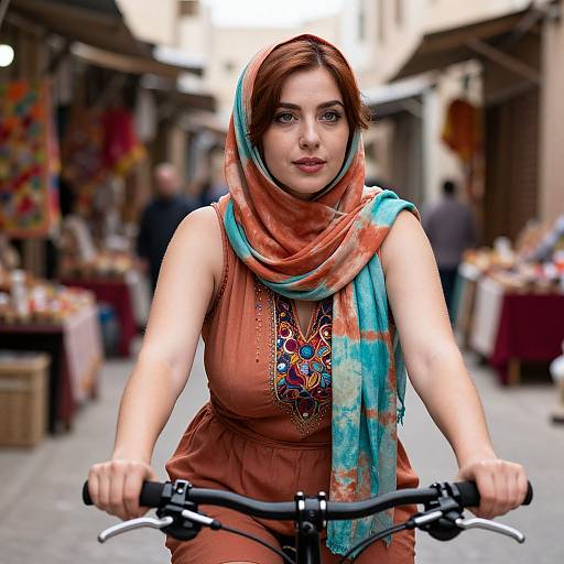 Photograph of a young woman with fair skin, brown eyes, and auburn hair, wearing an orange and blue scarf, brown dress, and
