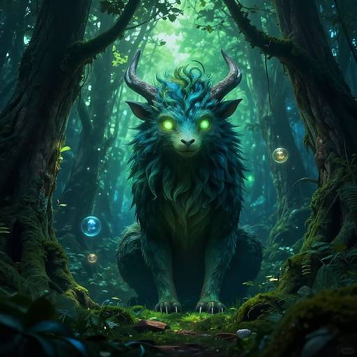 Digital art of a glowing, fierce, horned forest creature with bright green eyes, surrounded by floating bubbles in a mystical, moonlit forest.