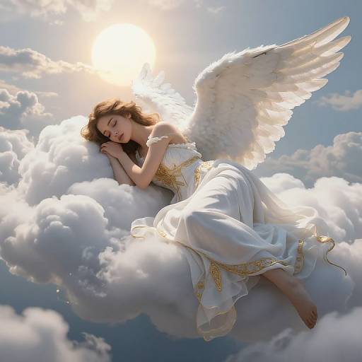 Digital artwork of a sleeping angel with white wings and golden-trimmed white dress, lying on a fluffy cloud against a bright sunlit sky.