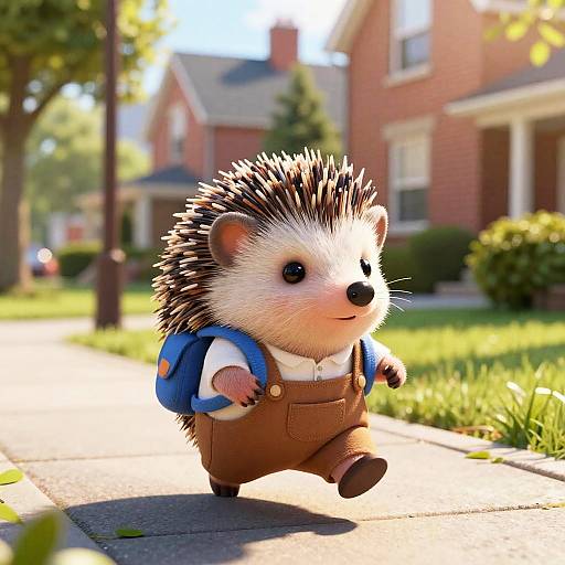 Photorealistic CGI of an adorable, cartoon-style hedgehog wearing brown overalls, white shirt, and blue backpack, walking on a sunny suburban sidewalk