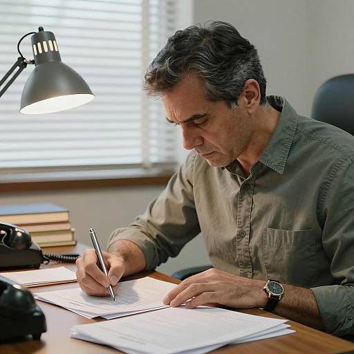 Focused Man Writing in Office Setting