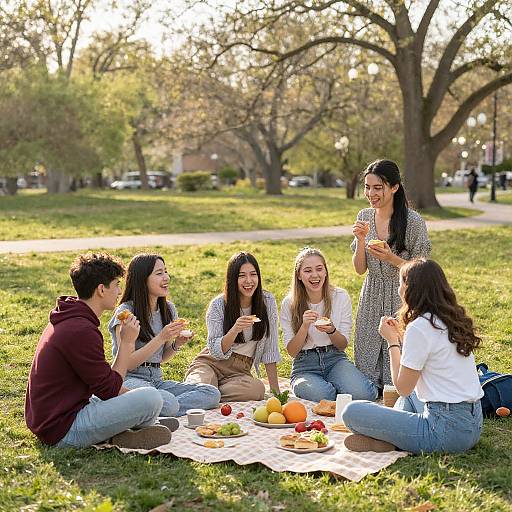 Photograph of five diverse young adults, three women and two men, sitting on a picnic blanket in a sunlit park, laughing and eating, surrounded