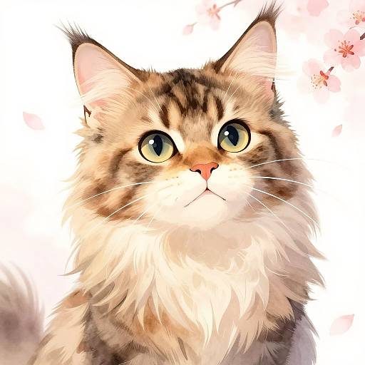 Anime Maine Coon with Cherry Blossoms