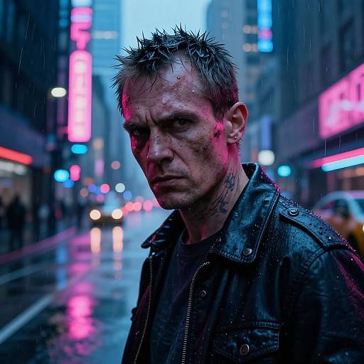 Photograph of a grimy, tattooed man with spiked hair and wet leather jacket, standing in a neon-lit, rain-soaked urban street