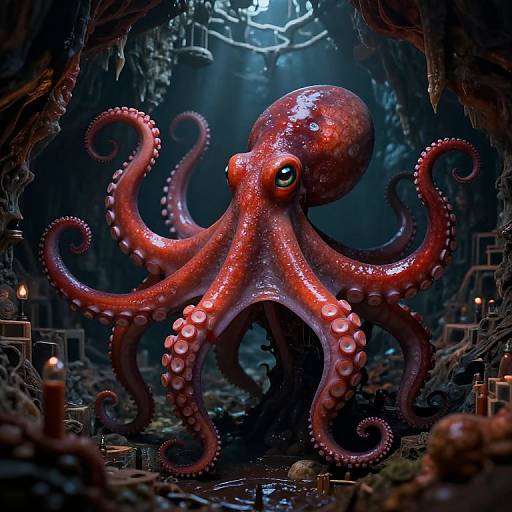 Photorealistic digital artwork of a vibrant red octopus with glowing eyes in a dimly lit, cavernous underwater setting, surrounded by candles and rocky