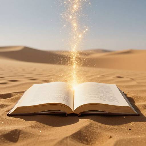Photograph of an open book with sunlight bursting from its pages, set in a sandy desert with dunes in the background.