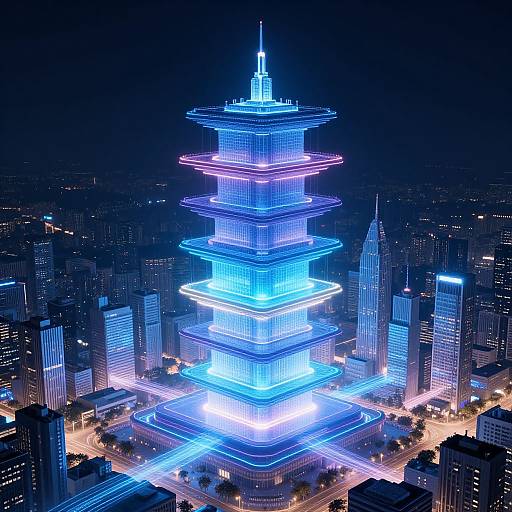 Aerial night photograph of Taipei 101, a glowing blue-lit, multi-tiered skyscraper surrounded by illuminated city buildings and streets.