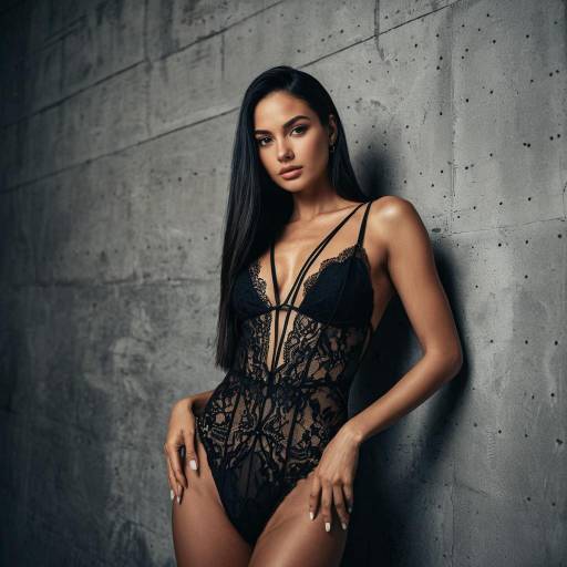 Woman in Black Lace Lingerie Against Concrete Wall