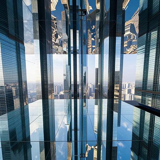 Reflection photograph of skyscrapers in a modern city, showing mirrored glass windows and blue sky with white clouds. Vertical and horizontal lines dominate. Urban architecture