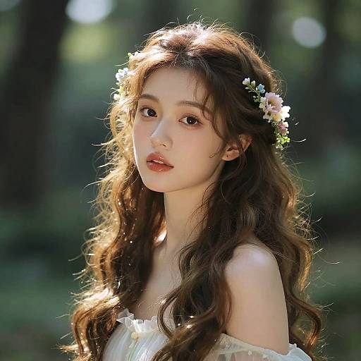 Photograph of a young Asian woman with long, wavy brown hair, wearing a white off-shoulder dress and a floral crown, bathed