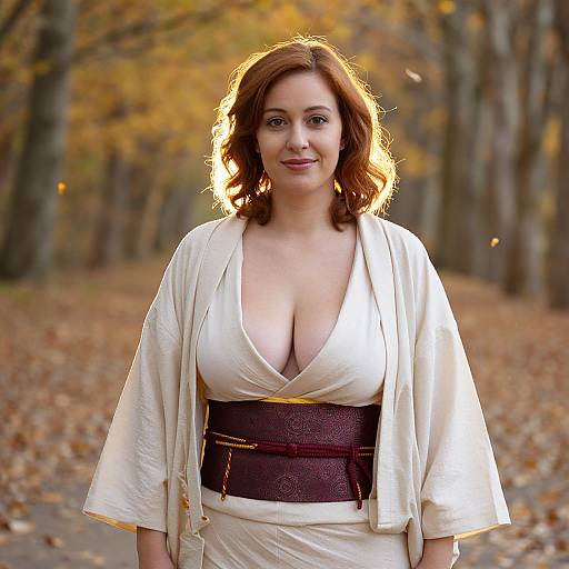 Photograph of a fair-skinned woman with wavy auburn hair, wearing a deep V-neck white kimono with a brown obi,