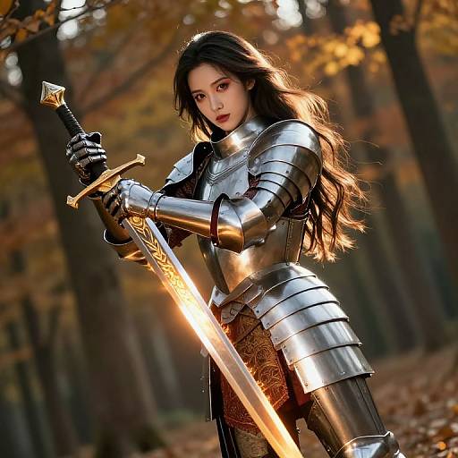 Digital art of a beautiful, long-haired woman in silver armor holding a glowing sword in a forest with autumn leaves.