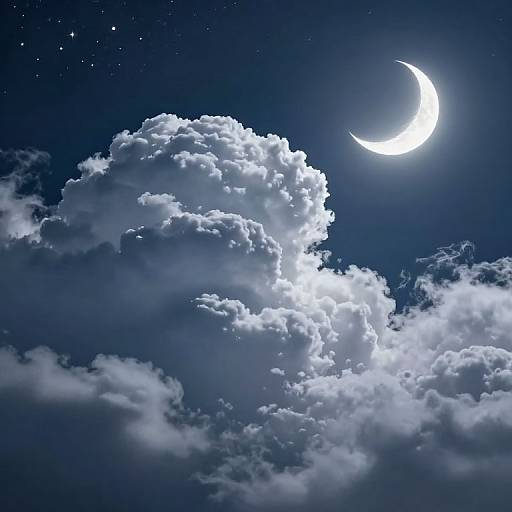 Photograph of a night sky with a bright crescent moon, surrounded by fluffy white clouds, and scattered stars in a deep blue background.