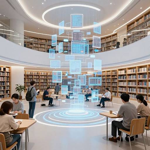 Photograph of a modern library with floating, illuminated blue book icons above a circular light pattern, surrounded by seated people studying.