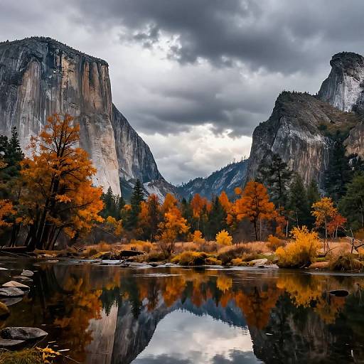 Photograph of a serene autumn landscape with vibrant orange and yellow foliage, reflecting in a calm lake, surrounded by towering, rocky mountains under a dramatic cloudy
