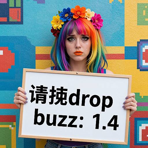 Photograph of a young woman with rainbow hair, flower crown, holding sign with Japanese text, standing against colorful geometric mural.