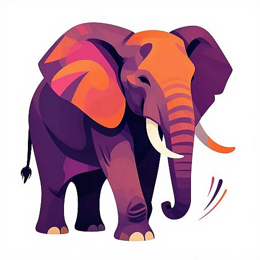 Digital illustration of a stylized purple elephant with vibrant orange and pink accents on ears and head, standing against a white background. Bold, geometric shapes highlight