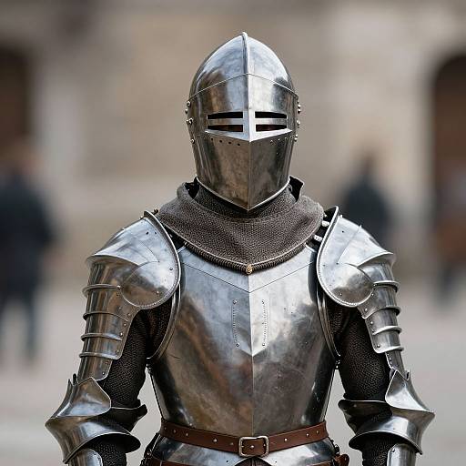 Photograph of a knight in polished silver armor with a visor, brown belt, and chainmail neck guard, standing in a blurred medieval street.