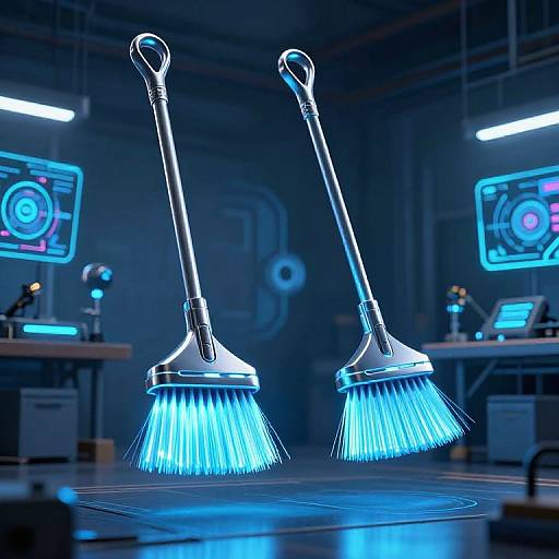 Neon blue-lit brooms floating in a futuristic, dimly lit lab with glowing screens and technical equipment. Sci-fi, digital art style.