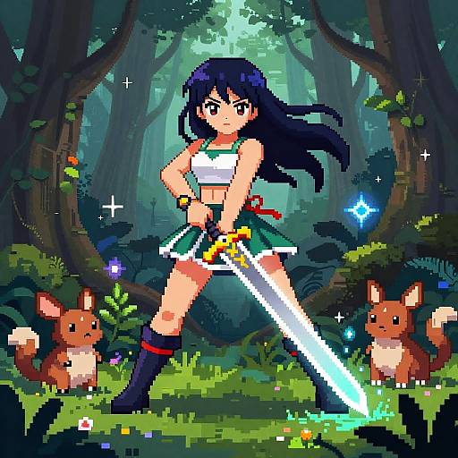 Pixel Anime Heroine in Mystical Forest