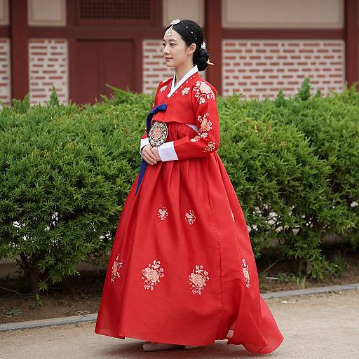 Photograph of an Asian woman in traditional red hanbok with white floral patterns, black hair in a bun, walking outdoors near green bushes and a