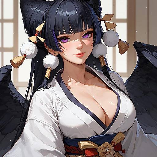 Digital anime-style drawing of a beautiful woman with long black hair, purple eyes, large black wings, and white kimono with deep cleavage, adorned