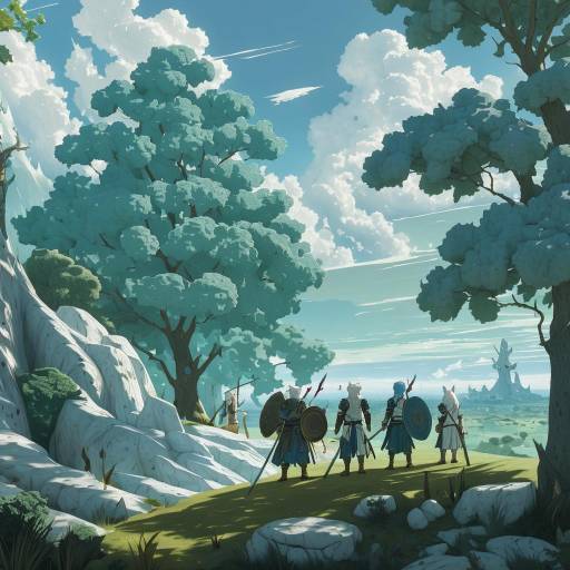 Fantasy warriors overlooking mystical landscape