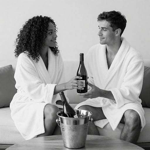 Black-and-White Couple in Bathrobes on Couch